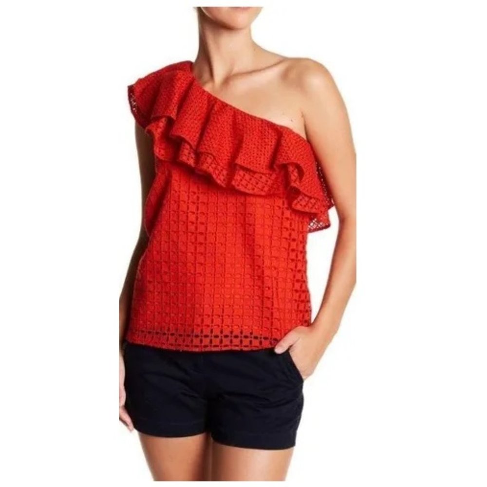 J.Crew Red One Shoulder Ruffle Eyelet Top